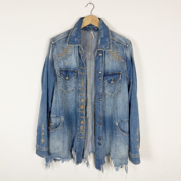 Free People Moonchild Embroidered Distressed Shirt Jean Jacket - Picture 3 of 9